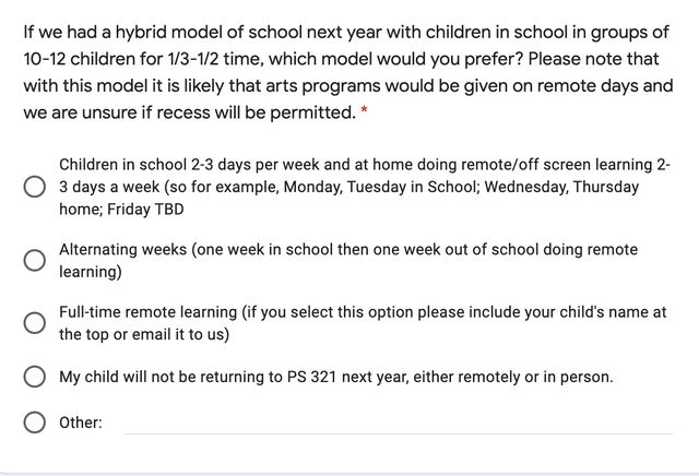 A screenshot of the survey sent to parents about school scheduling options.
